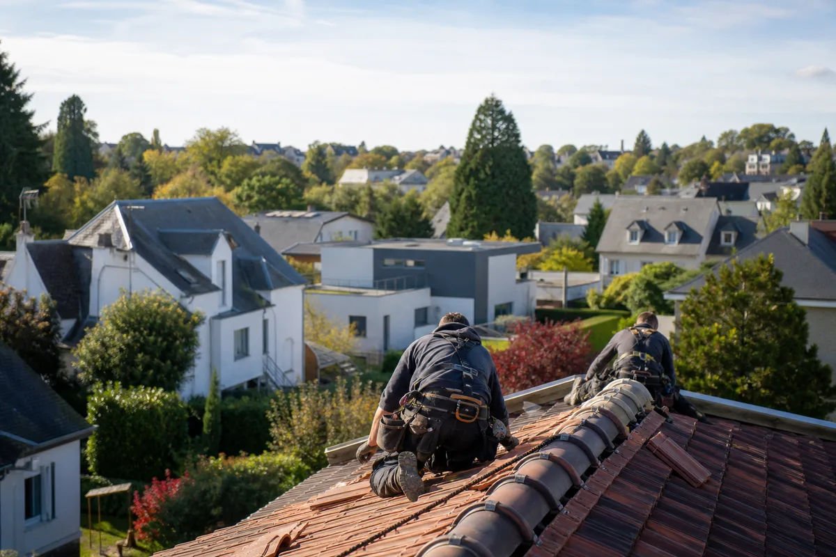 Couvreur intervenant sur une toiture dans les Yvelines